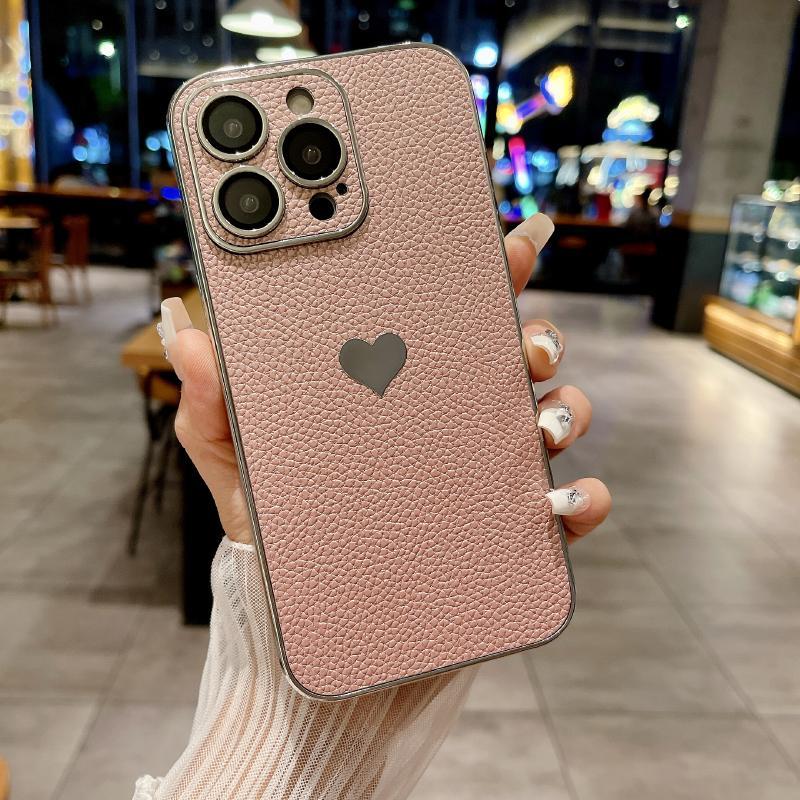 Luxury Solid Color Leather Plating Border Love Logo Phone Case For iPhone 16 Pro Max 14 11 12 13 15 Pro Max Bumper Back Cover