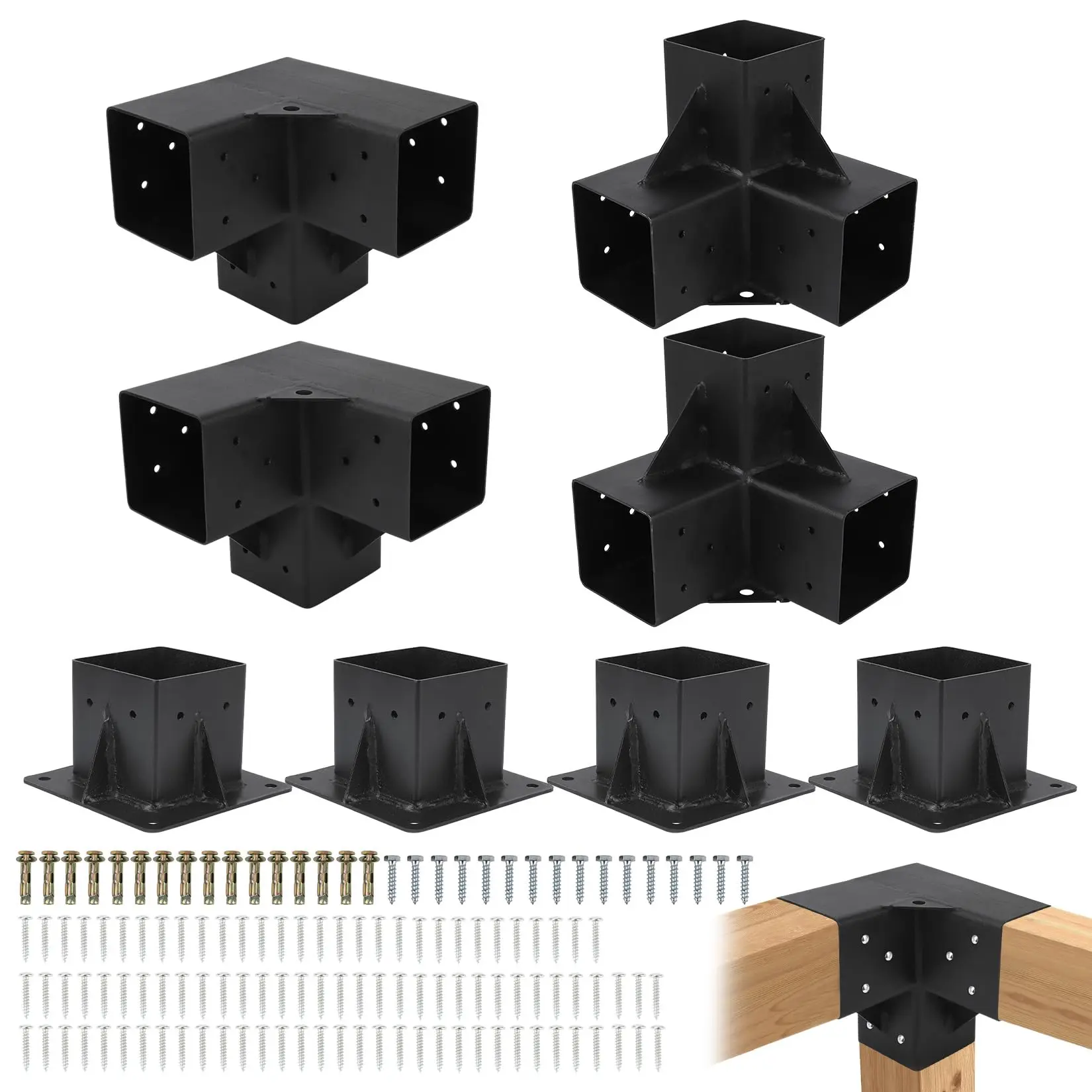 Towallmark Pergola Kit (8 Pieces) – 4pcs 3-Way Right Angle Corners, 4 pcs Base Supports, Heavy Alloy Steel, Powder Coated for DIY Woodworks, Outdoor Structures
