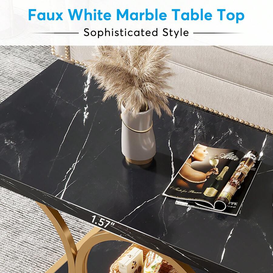 47.24 Inch 2-Tier Faux Marble Coffee Table, Irregular MDF Center Table with Gold Geometric Metal Legs, Waterproof Scratch Resistant Coffee Table with Open Storage Shelf, Easy Assembly Modern Home Furniture for Living Room Apartment