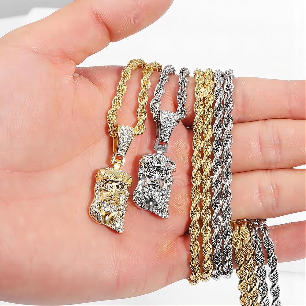 Men's Iced Out Metallic Jesus Head Face Charm Pendant Necklace, Hip Hop Costume Jewelry with Pave-Set Shining Crystals and Matching Chain, Crystal🎀, Metallic Jesus Graphic Necklaces