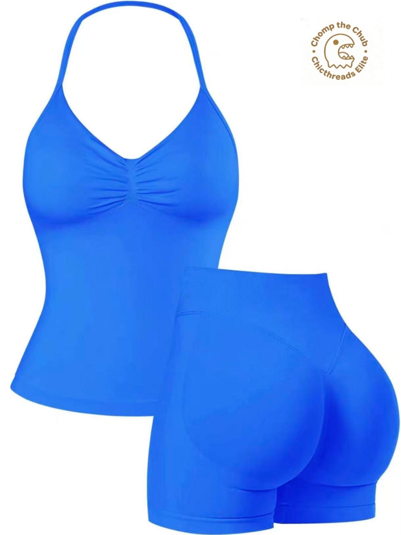 Bootie Lifting & Snatched Waist Yoga Set, Halter Ruched Top + High Waist Sculpting Shorts, Ideal for Gym, Yoga, Activewear, Gym Workout Set, High Stretch Sporty, Gym Clothes Workout