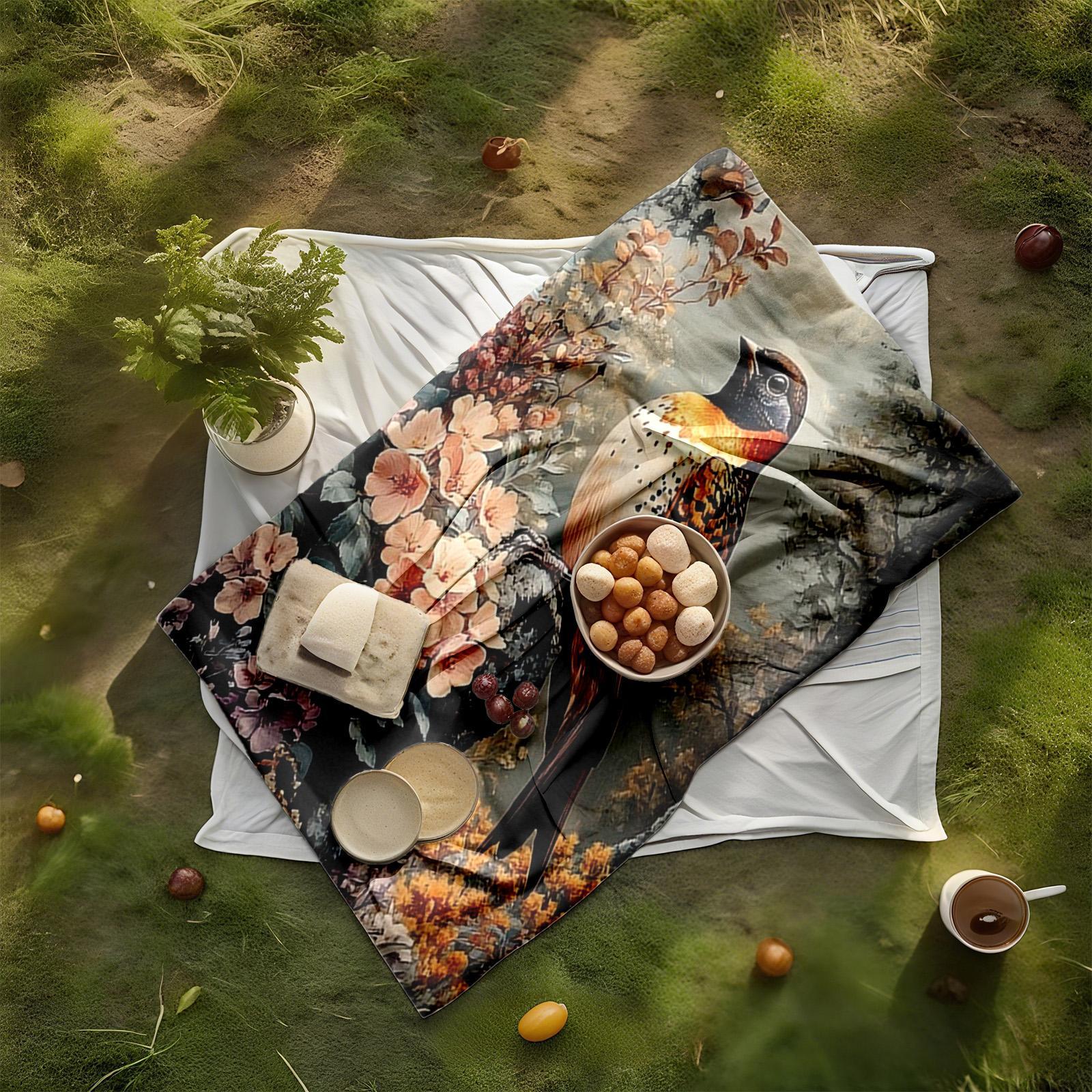 1 piece The natural beauty of a fulvetta perched amid the blossoms themed flannel blanket - Flannel weaving craft blanket, modern style, suitable for sofas and beds, all-season use, super soft and warm, digital print design, 100% polyester