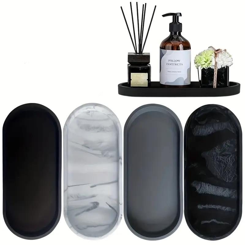 Silicone Marble Pattern Bathroom Tray, Oval Jewelry Storage Tray, Multi-Functional Decorative Tray for Candle Soap Plant Cosmetics, Bathroom Decoration Supplies