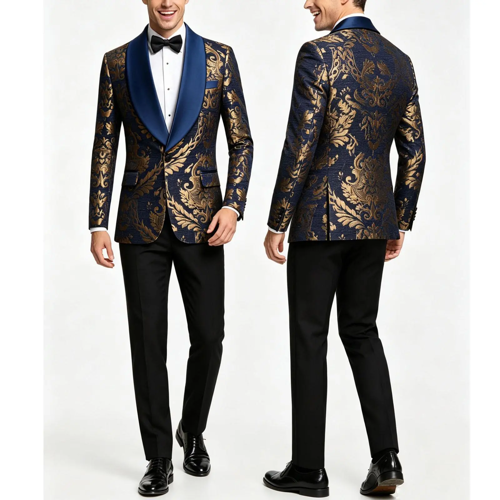 Men's Gold Floral Jacquard Formal Suit, Long‑Sleeve Satin Shawl Lapel Tuxedo Jacket, Luxury Jacquard Mens Blazer for Weddings, Proms & Evening Banquets, Smooth Wrinkle‑Resistant Fabric, Original Cut, Party Outfit