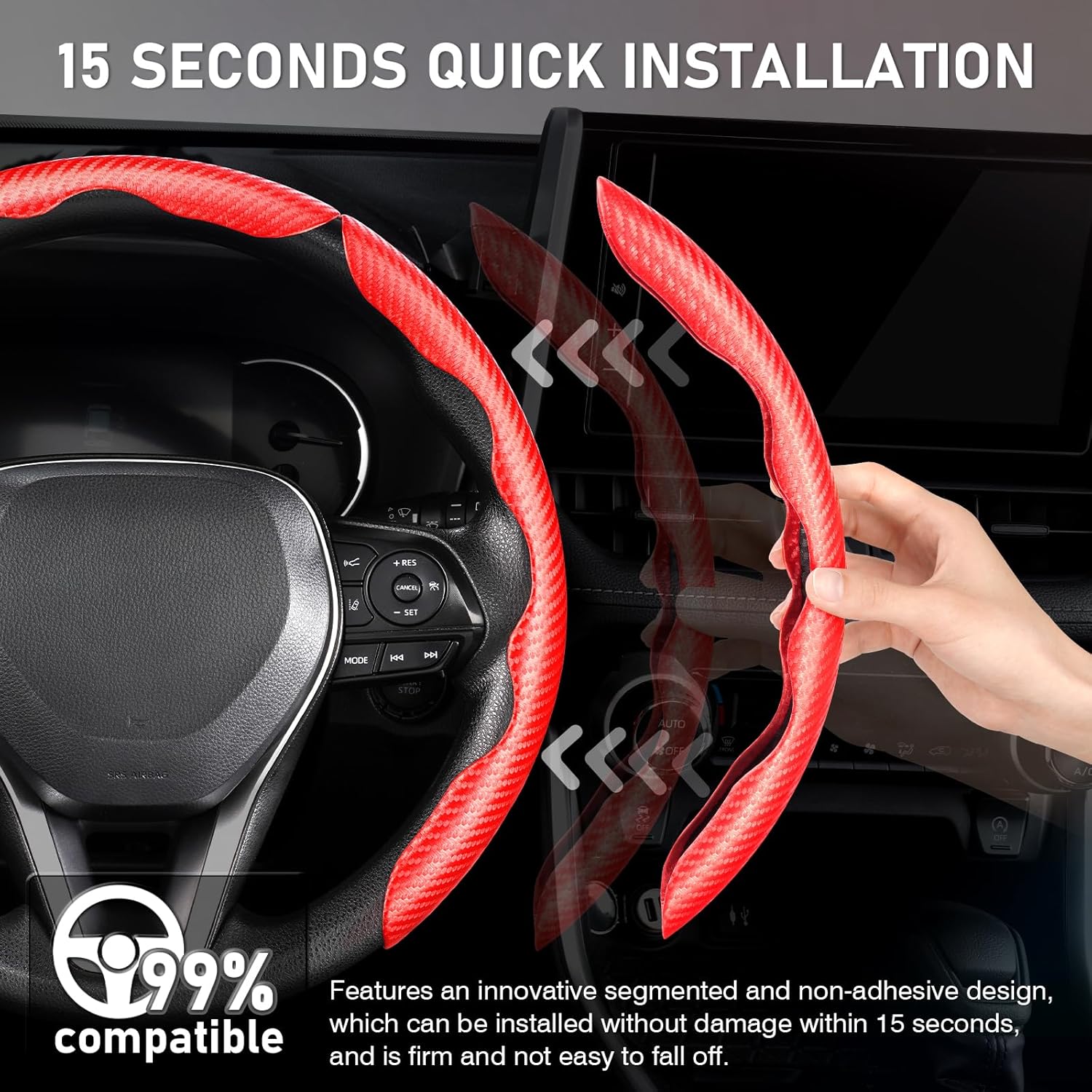 Canvcle 3 Piece Carbon Fiber Steering Wheel Cover, Car Steering Wheel Cover for Men/Women, Anti-Slip, Comfortable Grip, Durable, Universal for 99% Car Interior Accessories