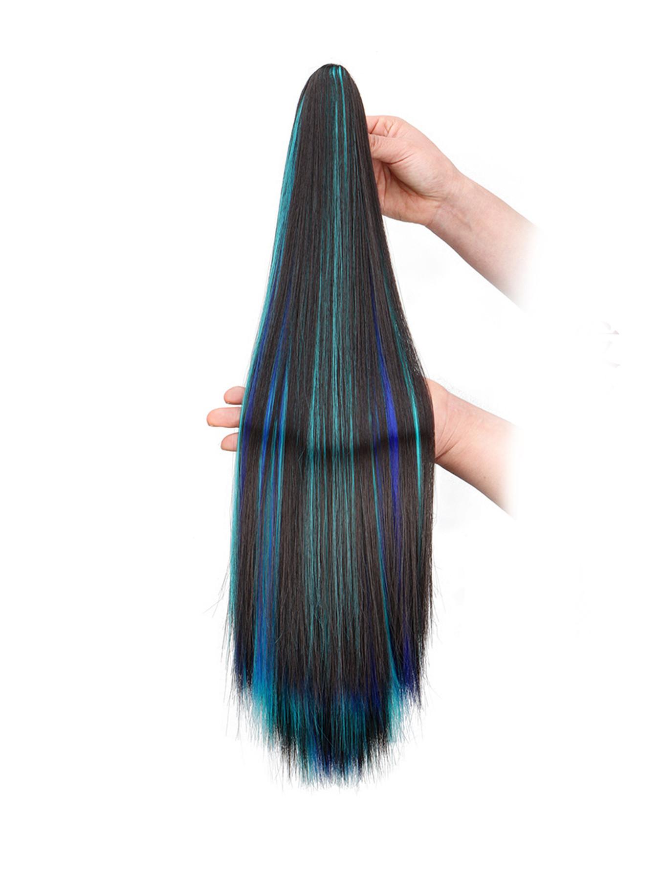 24inch Claw Clip In Synthetic Straight Ponytail Hair Extensions, Synthetic Ponytails - Pre-Bleached Multicolor Highlights (Blue/Green), Clip-On Hairpiece for Instant Volume & Highlights, Easy Application for Parties, Synthetic Fiber Extensions