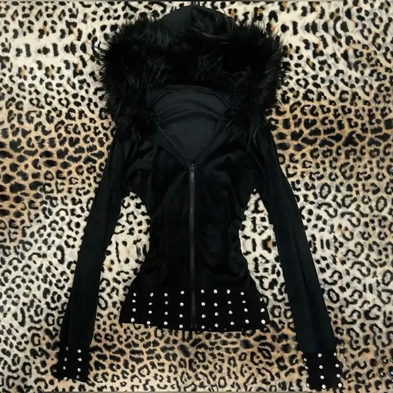Women's 2025 Gothic Aesthetic Autumn Winter Fur Collar Hoodie Casual Slim Chic Design Cardigan Sweatshirt 2000s Harajuku Clothes