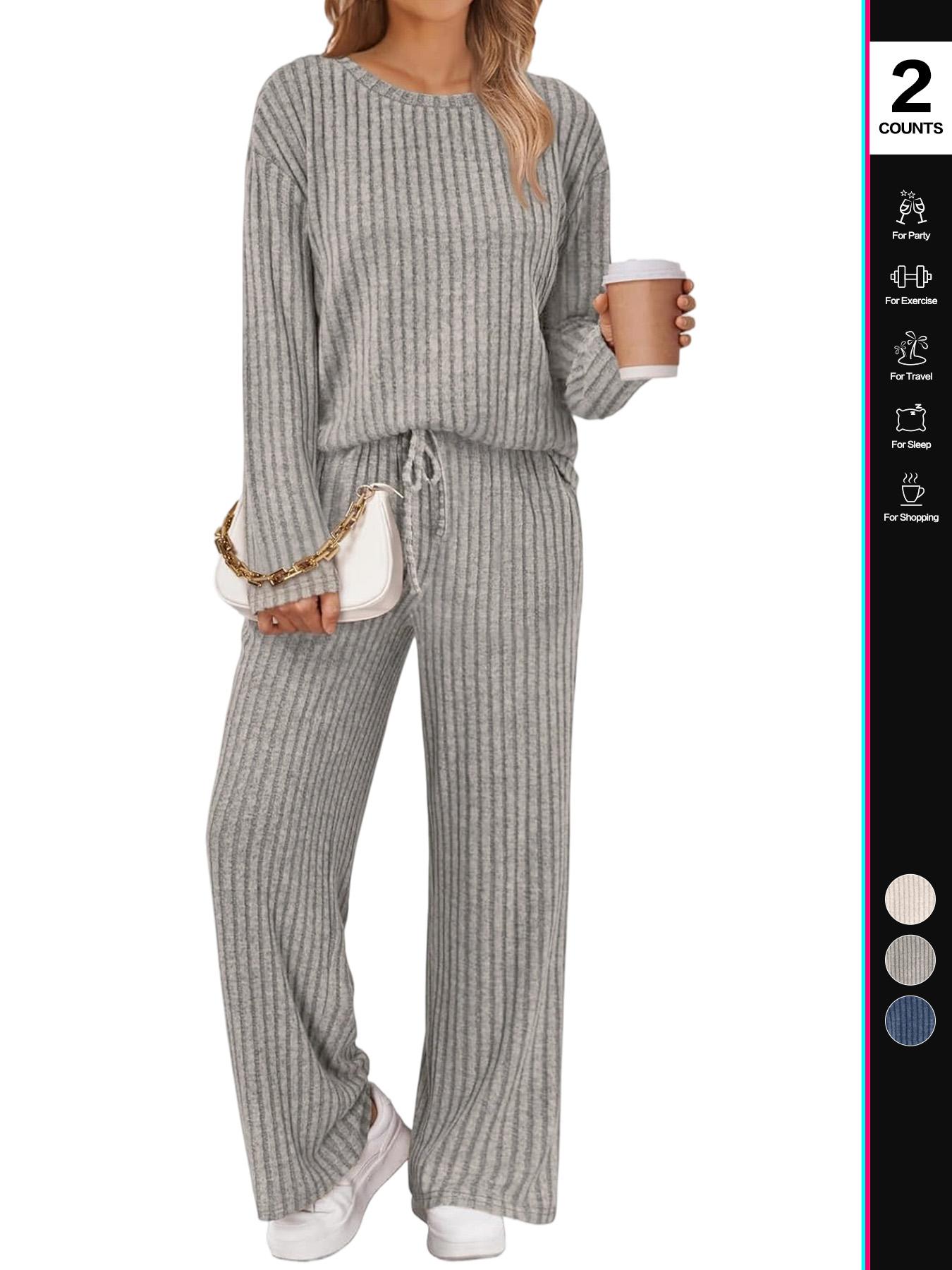 Womens Lounge Sets 2 Piece Matching Pajamas Fall Fashion 2025 Ribbed Knit Outfits Long Sleeve Casual Sweatsuits