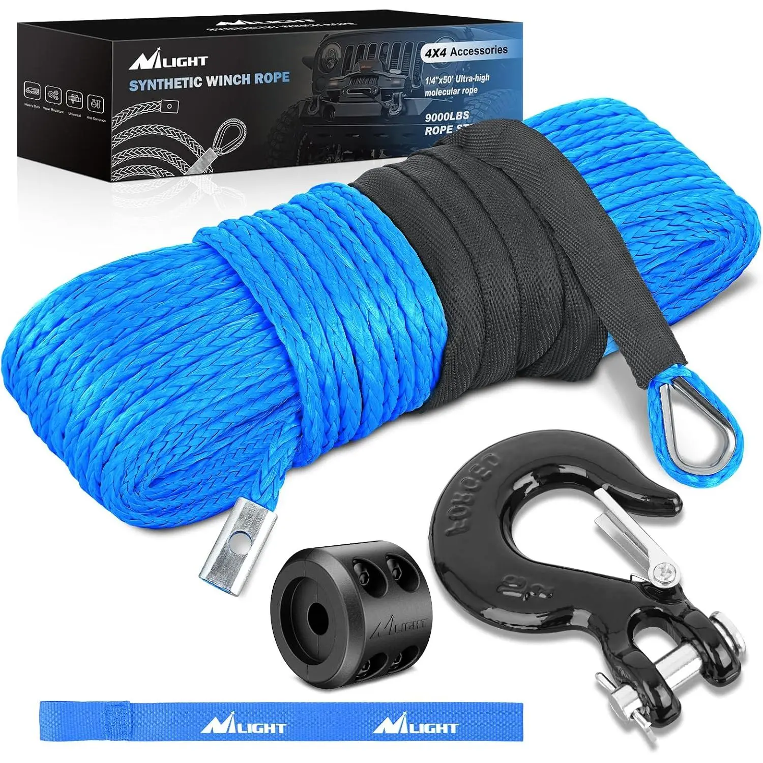 Synthetic Winch Rope 1/4" x 50ft for Recovery Towing, Blue| Winch Line Cable Kit with Hook Stopper Protective Sleeve Safety Strap, for ATV UTV Off-Road Vehicle
