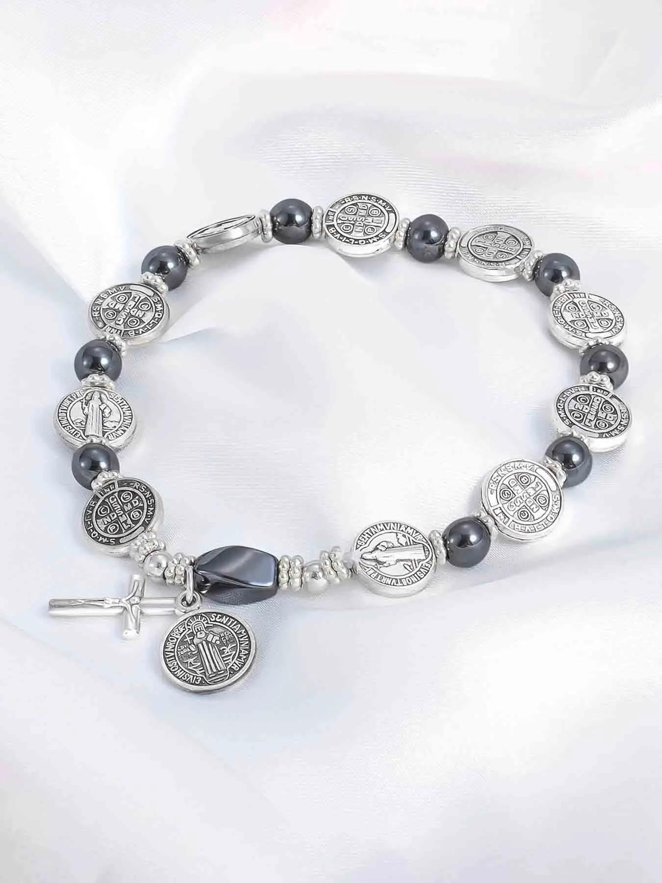 Vintage Agate Beaded Bracelet, Handmade Elastic String, Fashion Casual Unisex Jewelry, Cross Pendant Charm, High Quality Bracelet