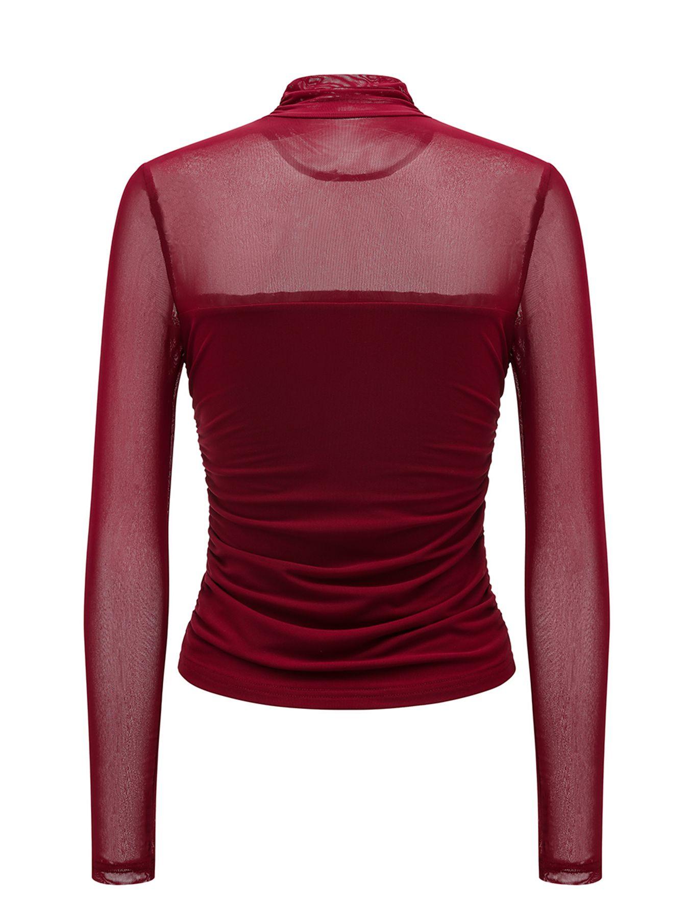Women's Mesh Sheer Long Sleeve Ruched Top, Sexy Fitted High Neck, Fashion Chic Casual Versatile Basic Base layer