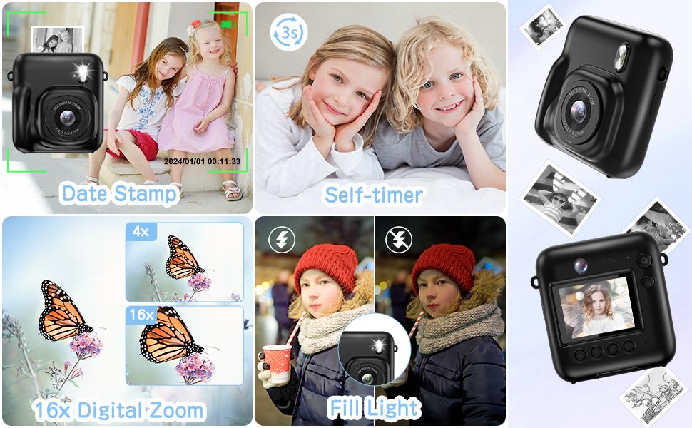 CAMKORY Kids' Instant Camera - 48MP Dual-Lens, 1080P Video, Fun LCD Screen, Rechargeable, Auto Focus, Selfie Mode, Instant Print, Micro SD Slot, Toddler Digital Toy for Boys & Girls (Ages 3-12), Christmas/Birthday Gift (Black)