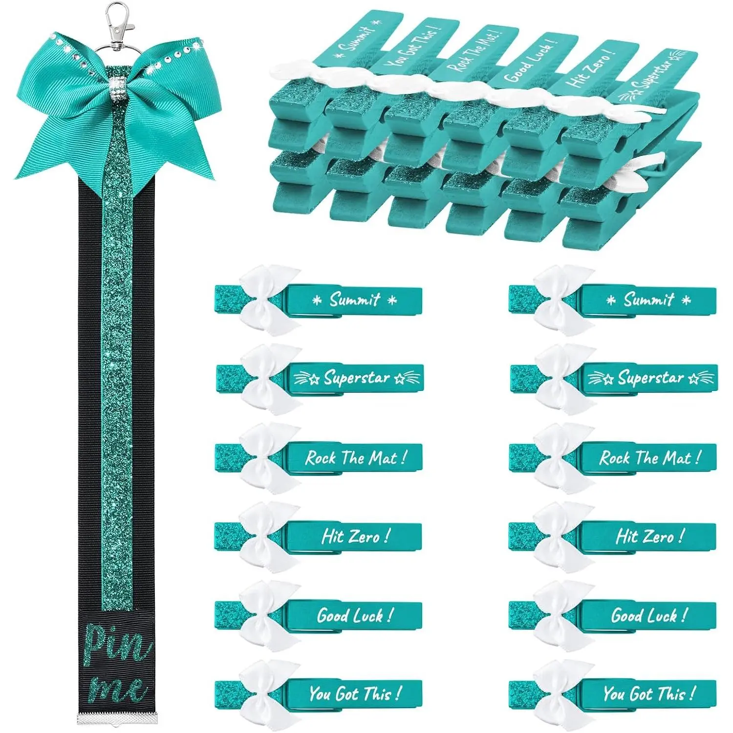 Unisex Modern Glittered Synthetic Pin Me Ribbon & 12-Pack Spirit Competition Clothespins, Inspirational Luck Accessories for Cheerleader Team Gifts & Backpacks (Teal)