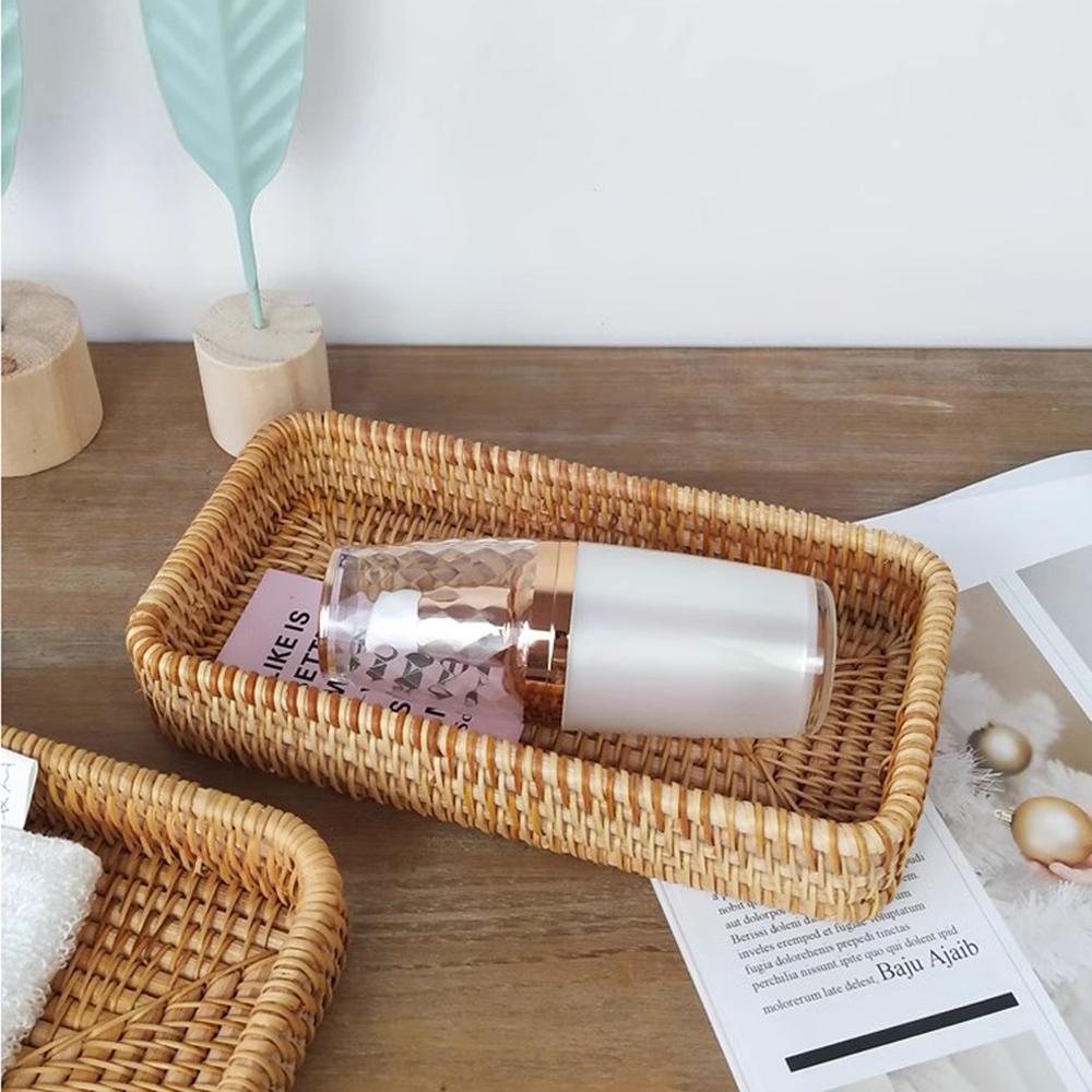 Woven Storage Basket, Bamboo Bread Fruit Snack Nuts Sundries Key, Rectangular Serving Tray for Home Living Room Coffee Shop