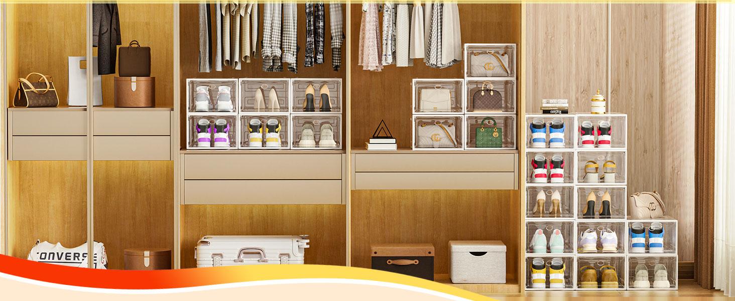 7CODE Thicken & Sturdy 24 Pack Stackable Shoe Organizer White Plastic Storage Box for Sport Sneaker Display Upgraded Sturdy Shoe Container Room Set