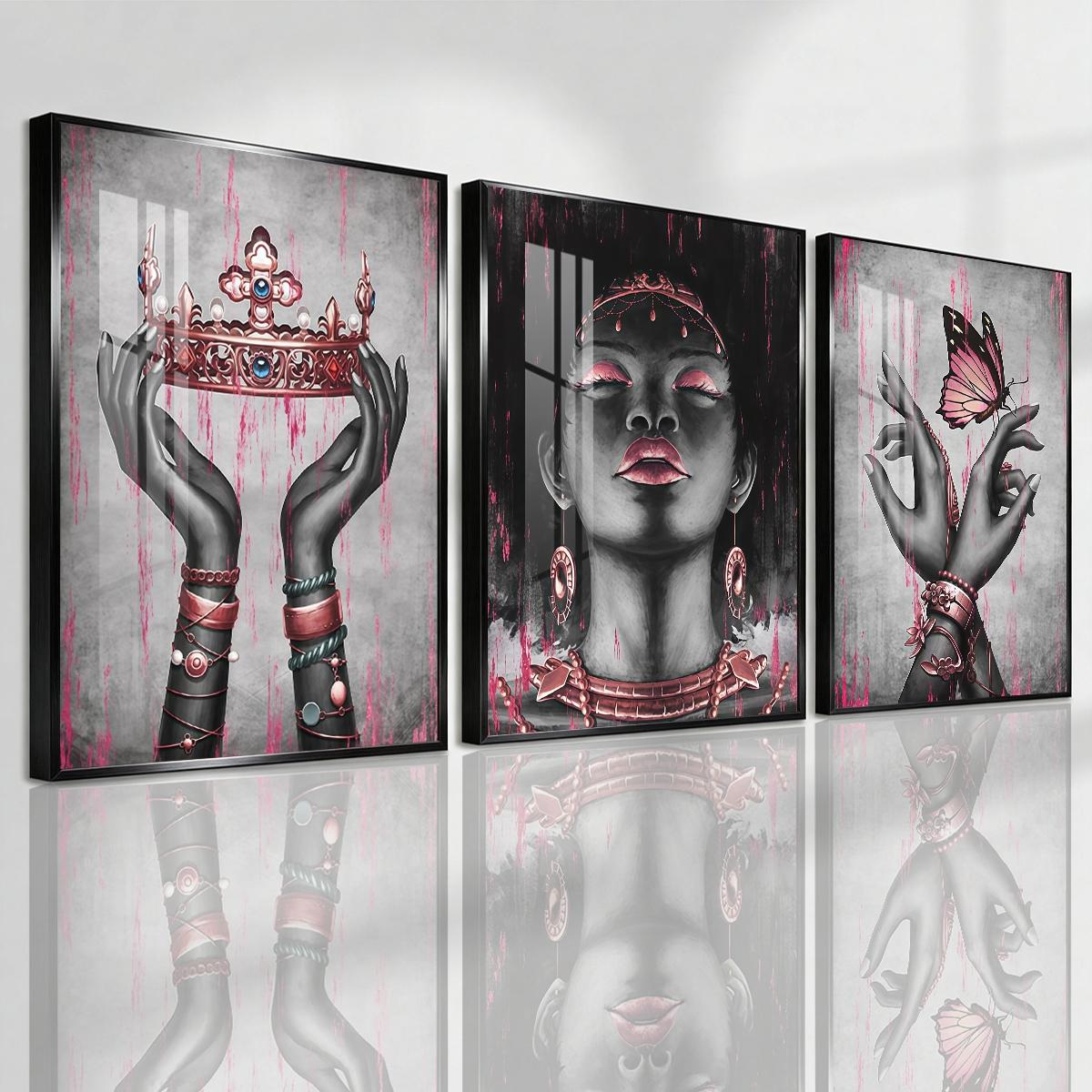3 Counts Aluminum Alloy Framed Painting, Elegant Black And Pink Crown Butterfly Lady Artwork, Home Decoration For Living Room, Bedroom, Office, Restaurant, Hallway Wall Decor, Odorless Print Artwork, Luxury Perfect Gift For Friends And Family