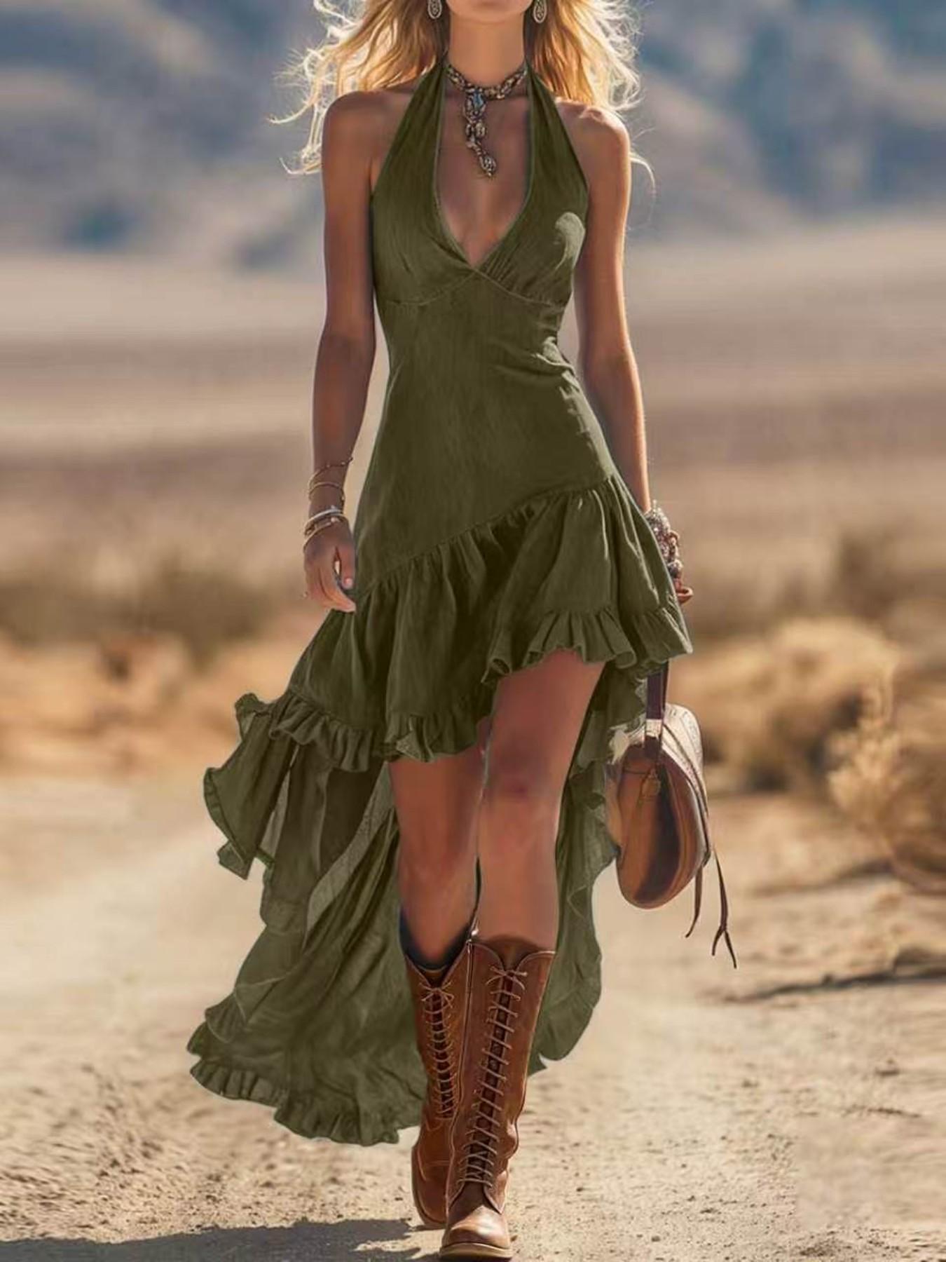 2026 New Summer American Western Style Feminine Ruffled High Low Dress, Fancy Dress, Dresses for Party, Deep V Neck Sleeveless Dress, Fashionable and Stylish Summer Outfits