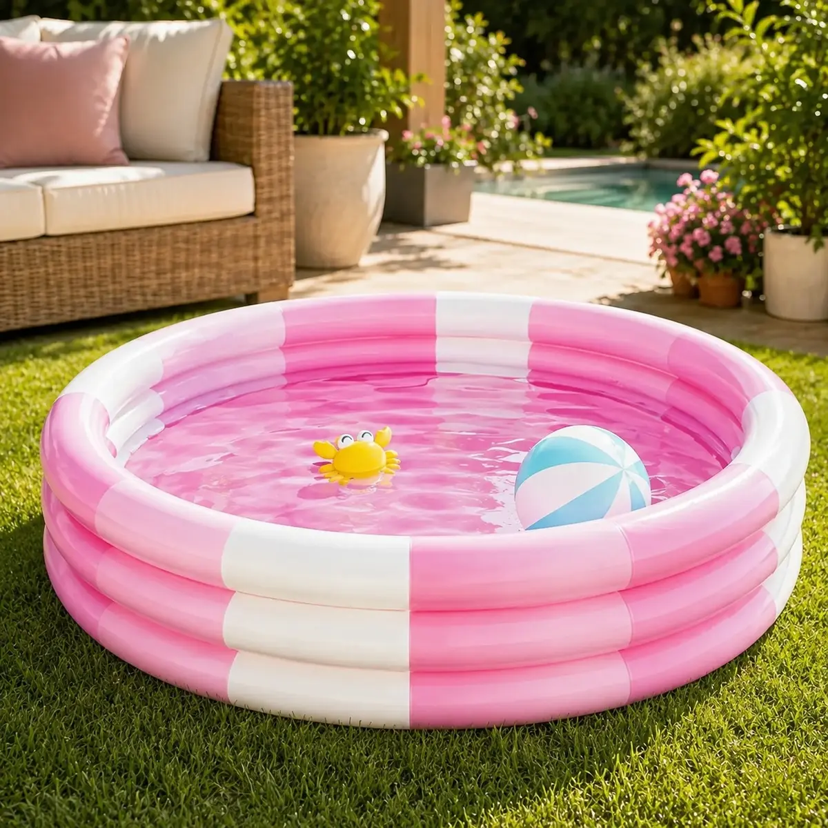Kids Inflatable Paddling Pool, 3-Ring Portable Splash Pool in many Sizes, Soft PVC Backyard Water Play Pool for Indoor or Outdoor Summer Fun, Pink, Blue or Yellow. Portable Pool