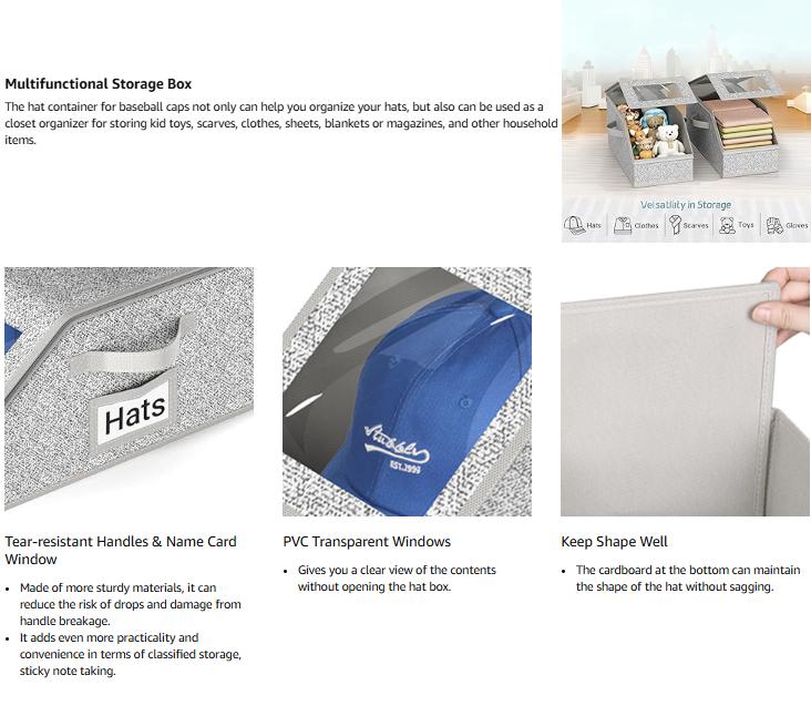 Stackable Baseball Cap Storage Box, Holds Up to 24 Hats – Durable Foldable Cardboard Organizer, Large Capacity Hat & Toy Storage Solution, Versatile Home & Bedroom Organizer, Dustproof, Space Saving