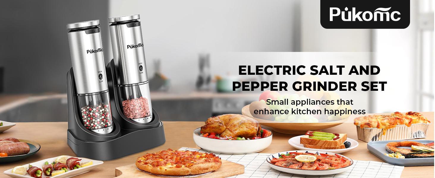 Pukomc Smart Electric Grinder Set, 6 adjustable levels, rechargeable LED base, one-handed operation, easy to clean, with 12 refills & accessories