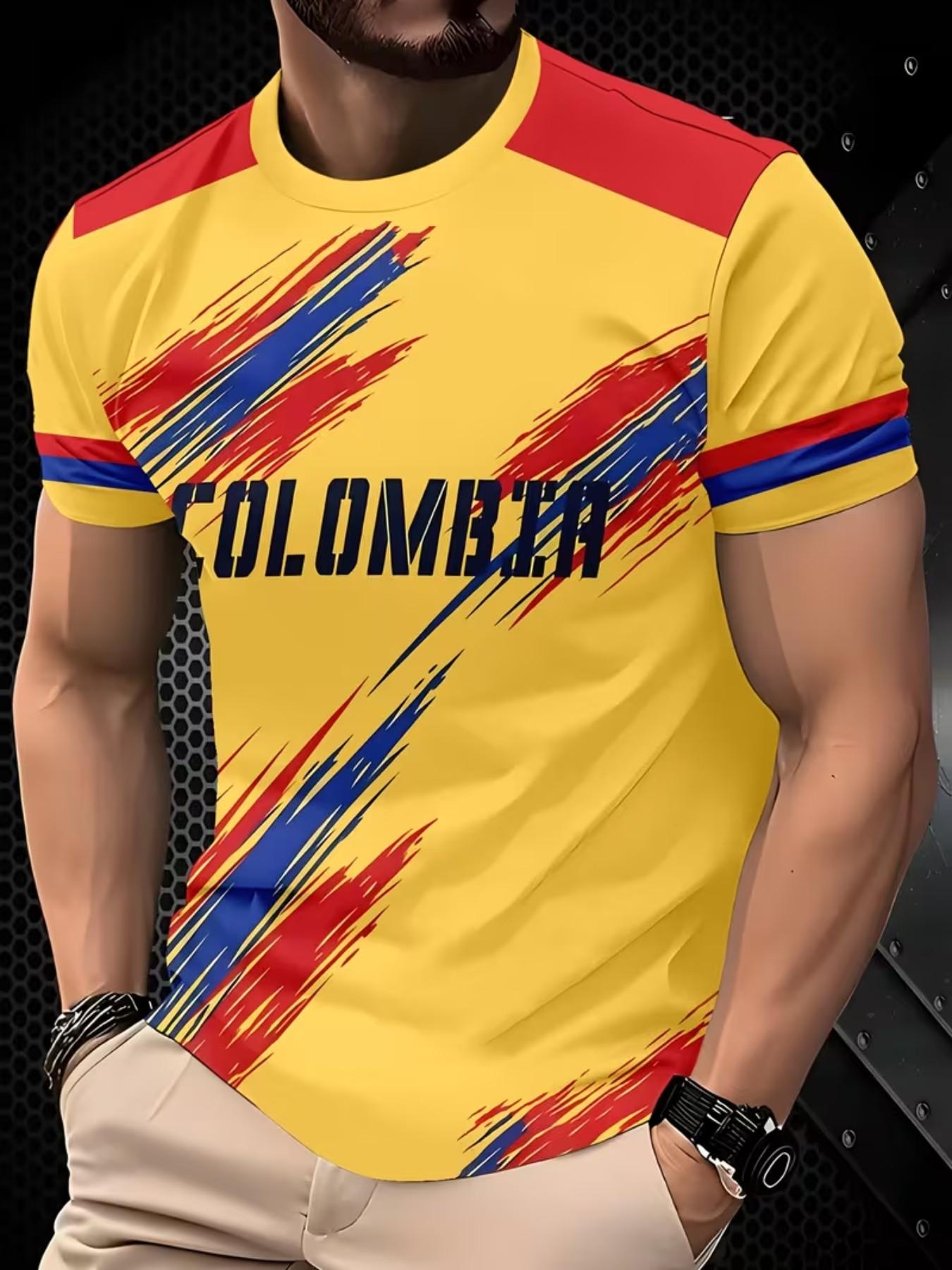 Colombia National Team Style Short Sleeve T-Shirt, Men's Casual Sporty Top, Blue Stripes, Graphic Round Neck Tee
