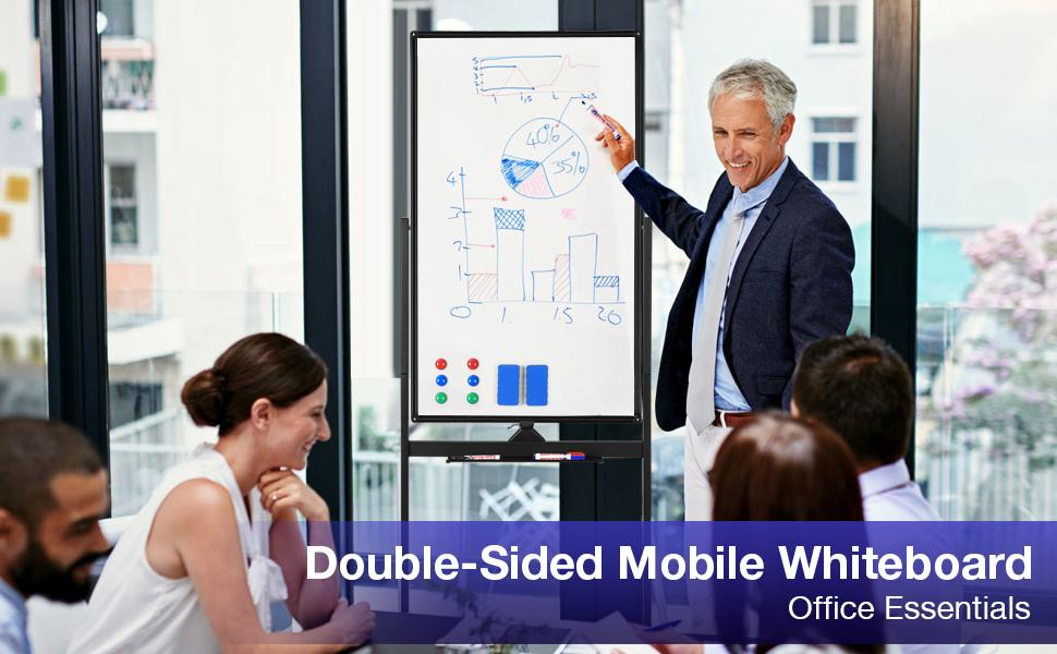 VOWNER Rolling Whiteboard, 40x24 inches Double-sided Magnetic Dry Erase Board on Wheels, with Aluminum Frame, Portable Presentation Board with Iron Stand for Office, Home, School, Black Classroom Supplies