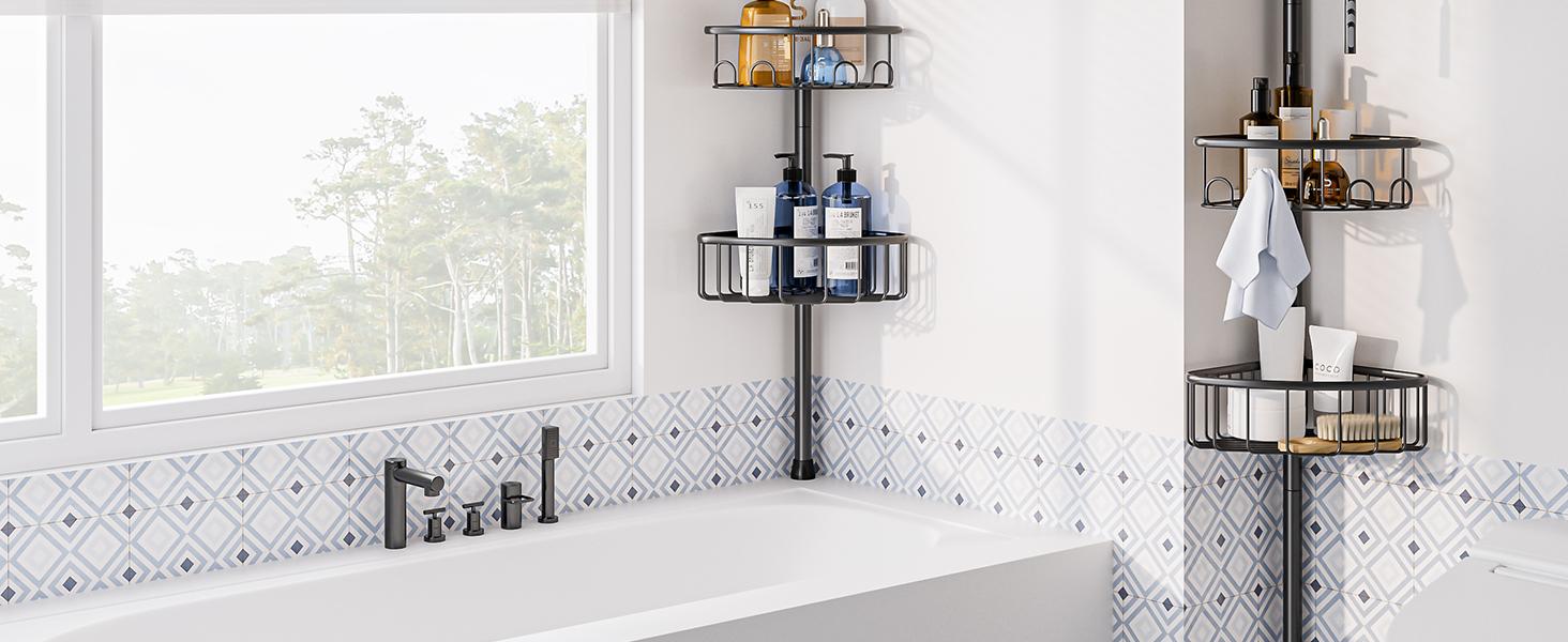 4 Tier Adjustable Corner Shower Caddy – Stainless Steel Rustproof Bathroom Organizer, No-Drill Tension Pole (47-121 Inch), Heavy-Duty Shelves & Hooks for Shampoo, Loofah, Bathtub Shampoo Storage – Quick Assembly, Black Rack
