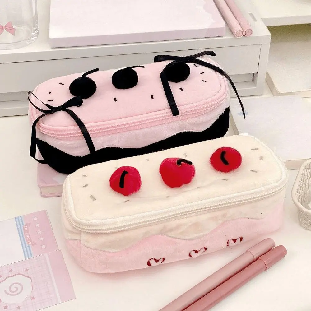 Cute Cherry Cake Plush Pencil Case, Ins Trend Large Capacity Stationery Pouch, Multi-Functional Daily Storage Bag for Pencils Rulers Erasers, Must-Have Back-To-School Supply