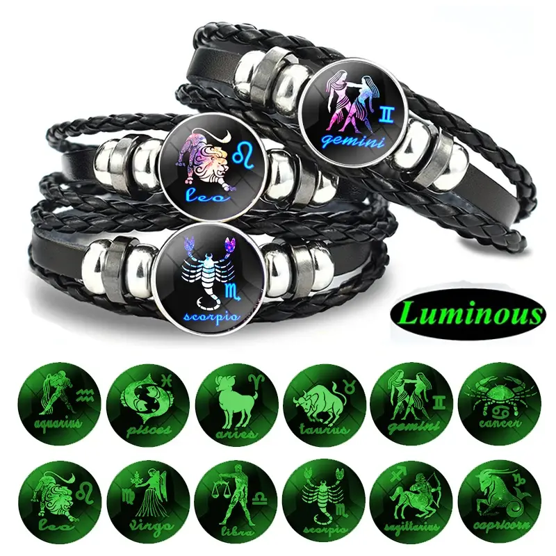 12 Constellation Adjustable Soft Leather Bracelet - Glow-in-the-Dark Zodiac Charm, Happy Birthday Gift, Birthday Ideas for Men/Women