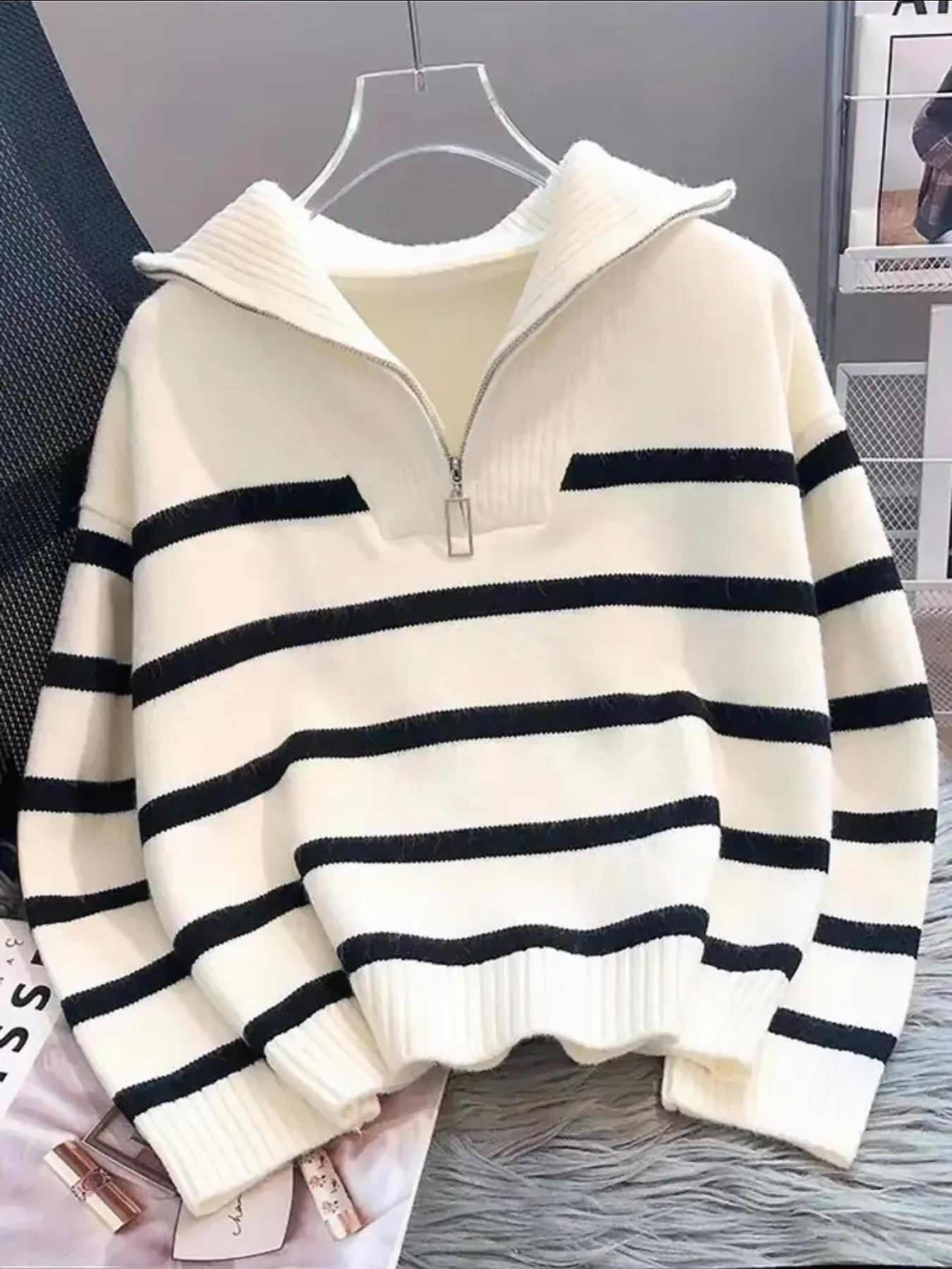 Women's Striped Print Zipper Drop Shoulder Sweater, Casual Long Sleeve Collared Jumper for Daily Outdoor Wear, Women Knitwear Top for Fall & Winter, National Day Clothing