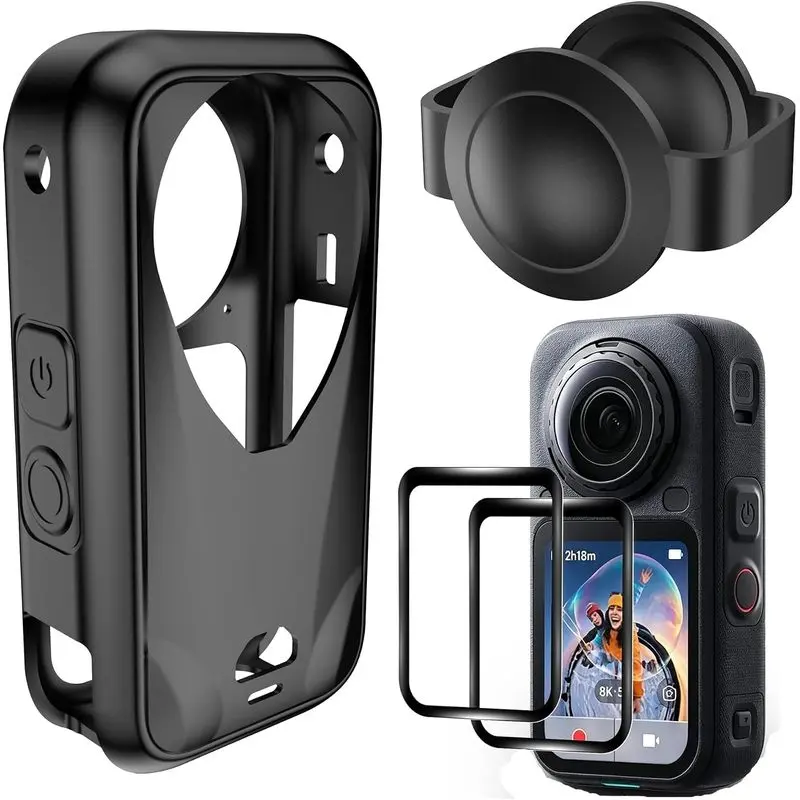 Screen Protector Film(2 Pack Tempered Glass)+Silicone Case +Lens Cap for Insta360 X6, Action Camera Full Body Protection Shockproof Accessories Kit for Insta360 X6