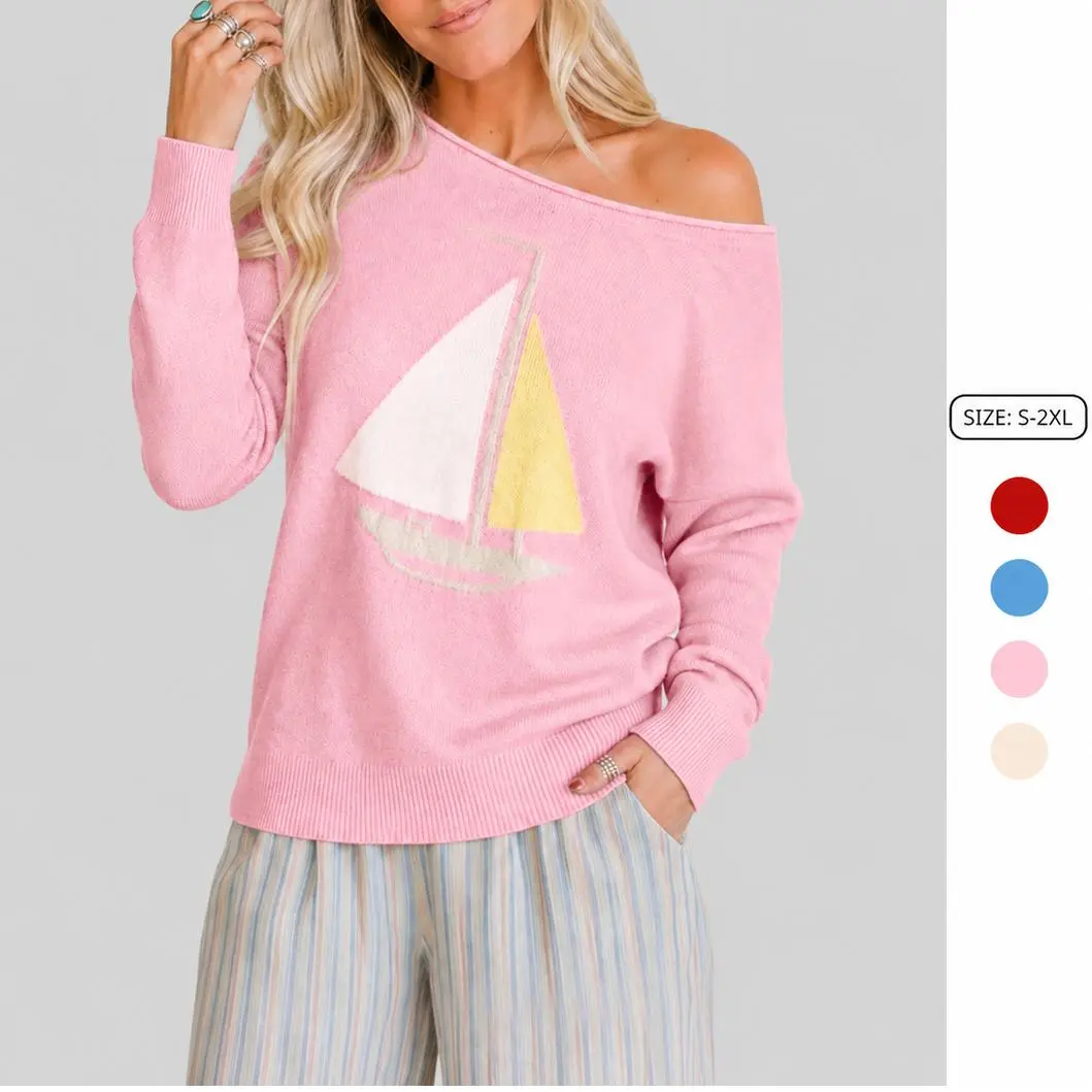 Imily Bela Vintage Sailboat Graphic Casual Knit Sweater Women Soft Cozy Oversized Off Shoulder Long Sleeve Pullover Loose Fit