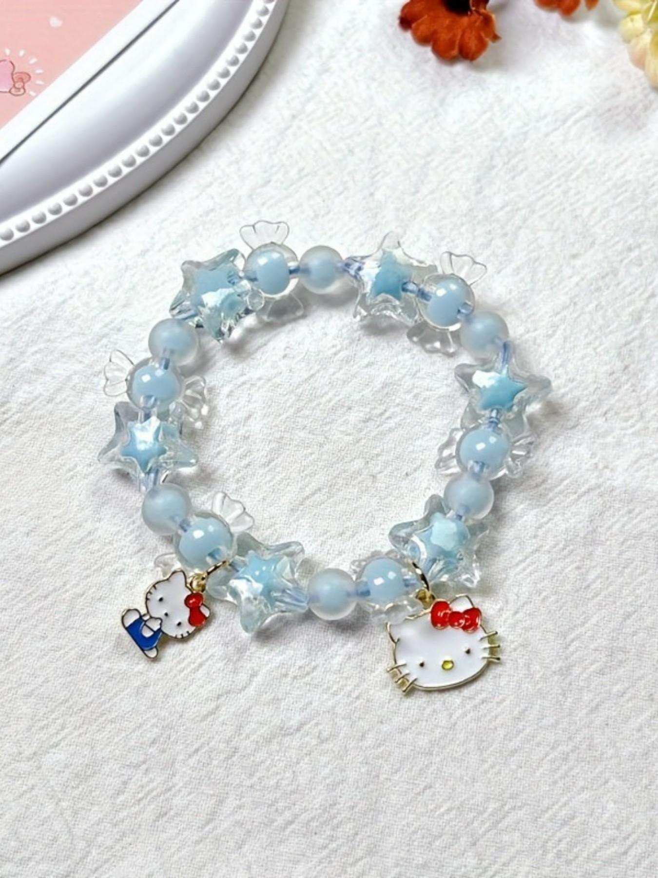 Acrylic Candy Star Cute Beaded Bracelet, Cat Head Anime Pendant Jewelry Gift for Kids, Trendy Handmade Accessory