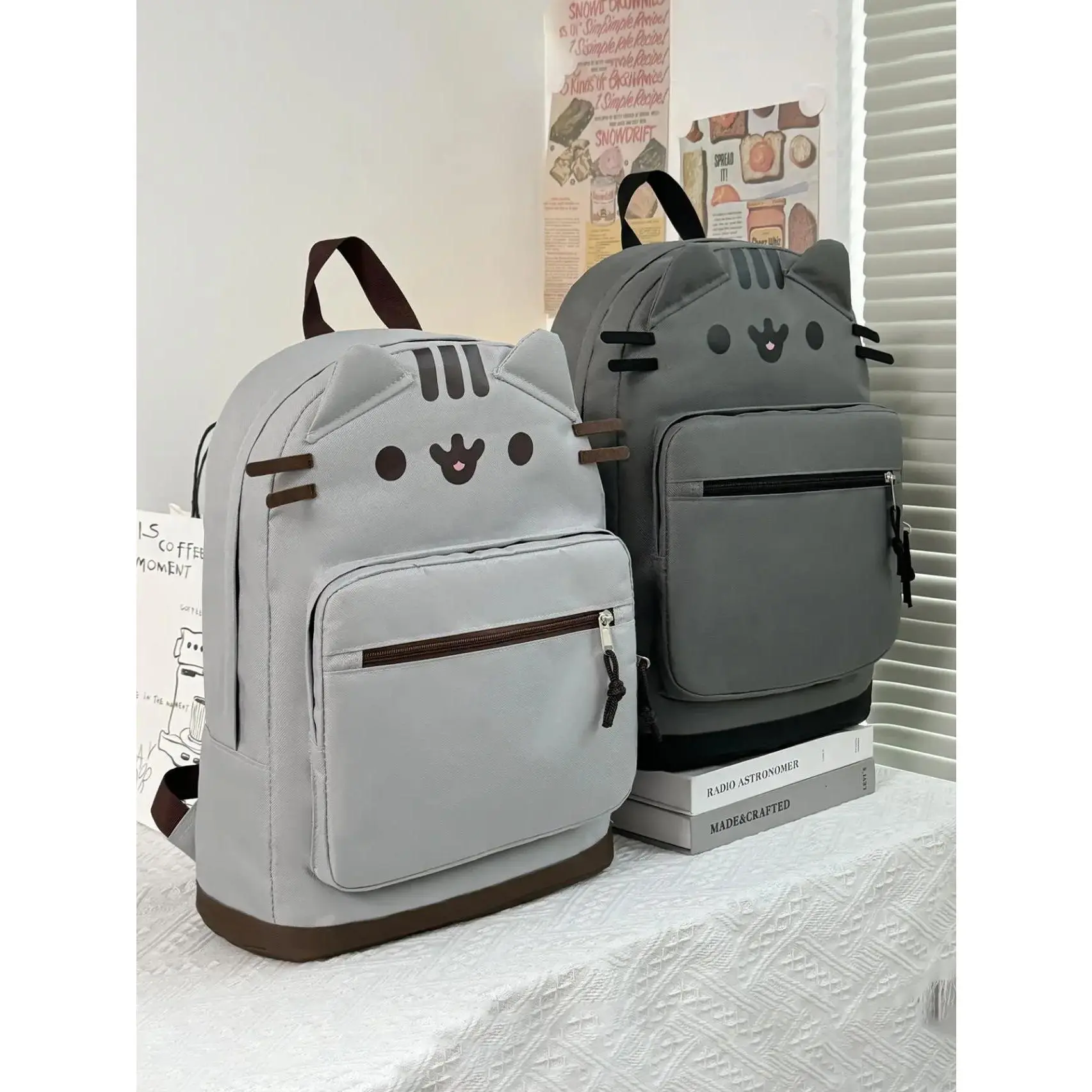 Viral Kawaii Pusheen Grey Cat Backpack with 3D Ears, Cute Look Cat Face, Lightweight Water-Resistant Gym Bag for Teen Girls, Daily Use Aesthetic Back to School Gift, School Bag