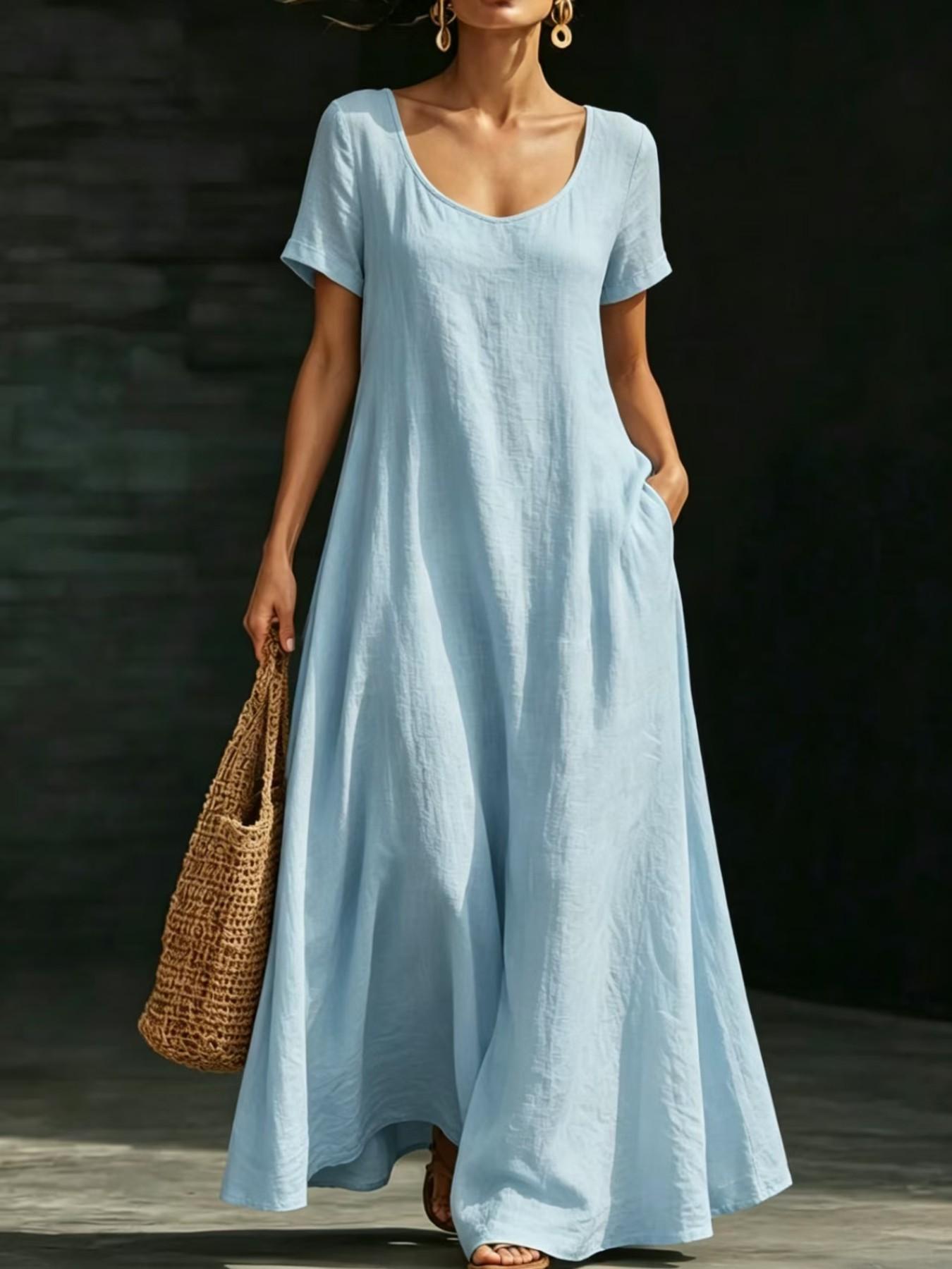 Summer Casual Solid Color Dress, Loose Fit A-Line Long Dress, Commute Vacation Beach Two-In-One, Beach Vacation Leisure Long Dress, Womenswear, Lady