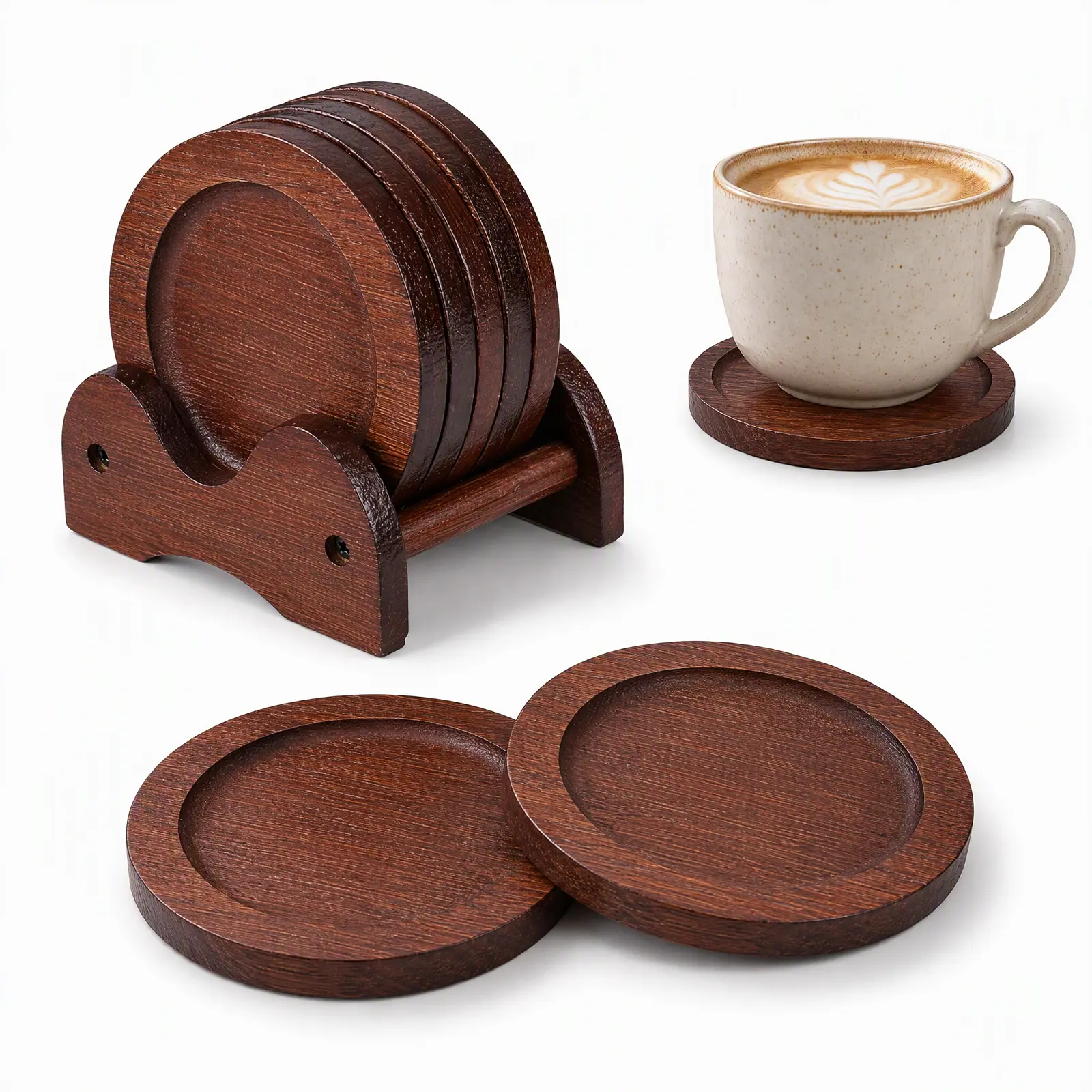 Wooden Coasters Set of 6 with Holder Farmhouse Drink Coasters for Coffee Table Home Decor Dark Brown Round Cup Mats