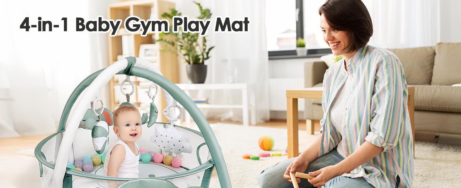 Dearlomum 4-in-1 Baby Play Mat Elephant Gym Tummy Time Mat for Floor Activity with 30 Balls & 5 Sensory Toys for Newborn Toddler Boy & Girl Gifts Playpen Cute