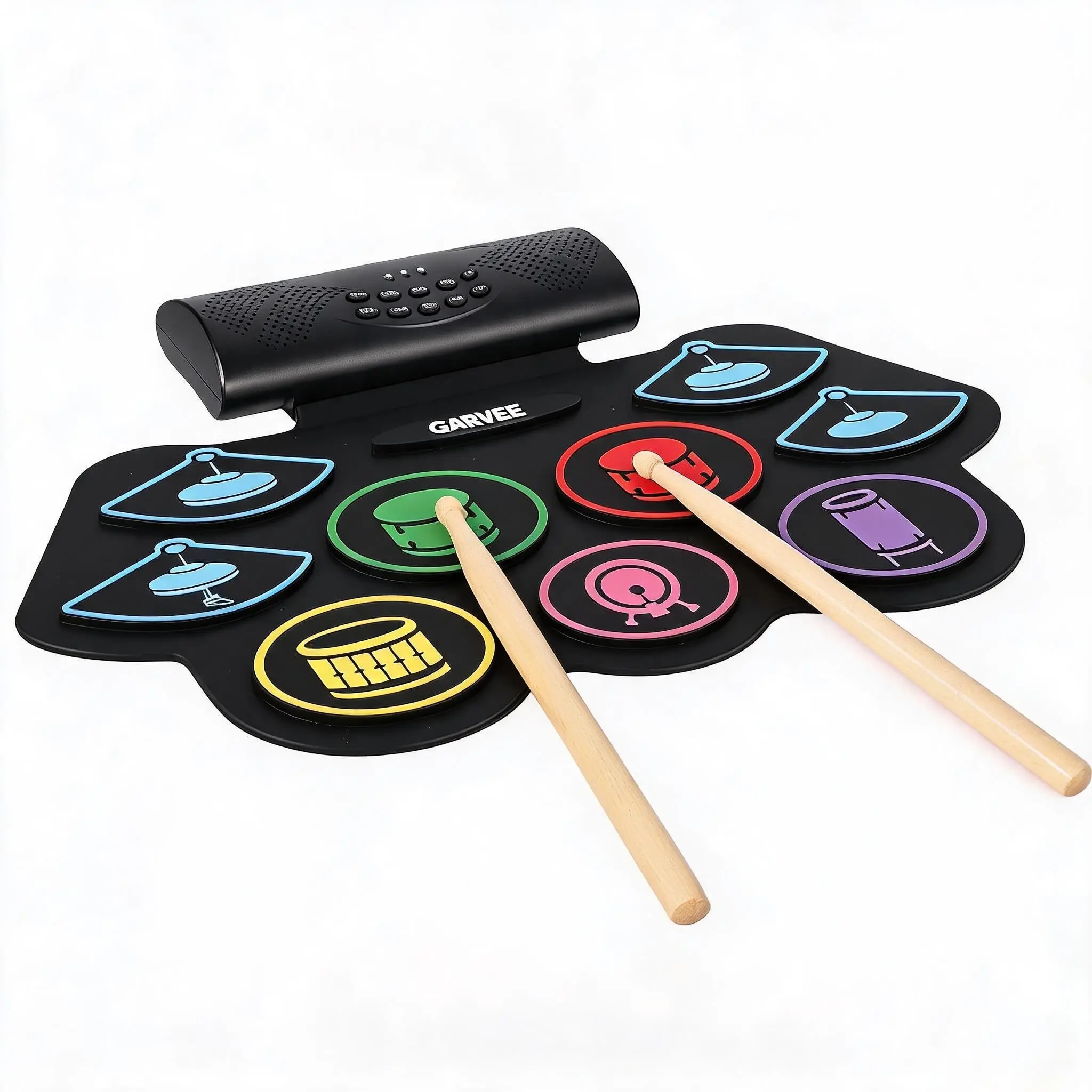Garvee Electronic Drum Set with 9 Pads, Bluetooth Roll-Up Digital Drum Kit with Built-in Speaker & Colorful LED Lights, Portable Silicone Drum Pad for Beginners, Rhythm Practice, Quiet Home Training