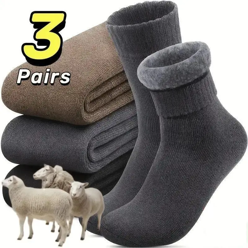 3Pairs Thermal Socks For Men Thick Warm Winter Outdoors Hiking Socks Heavyweight Blend Knit Crew Socks Pack Cold Weather Gear