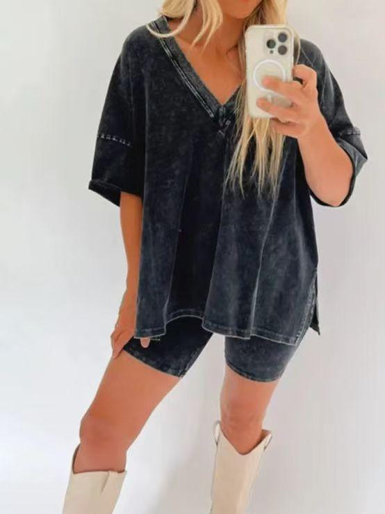Women Washed 2 Piece SetLounge Set Oversized TopsBiker Shorts V Neck Drop