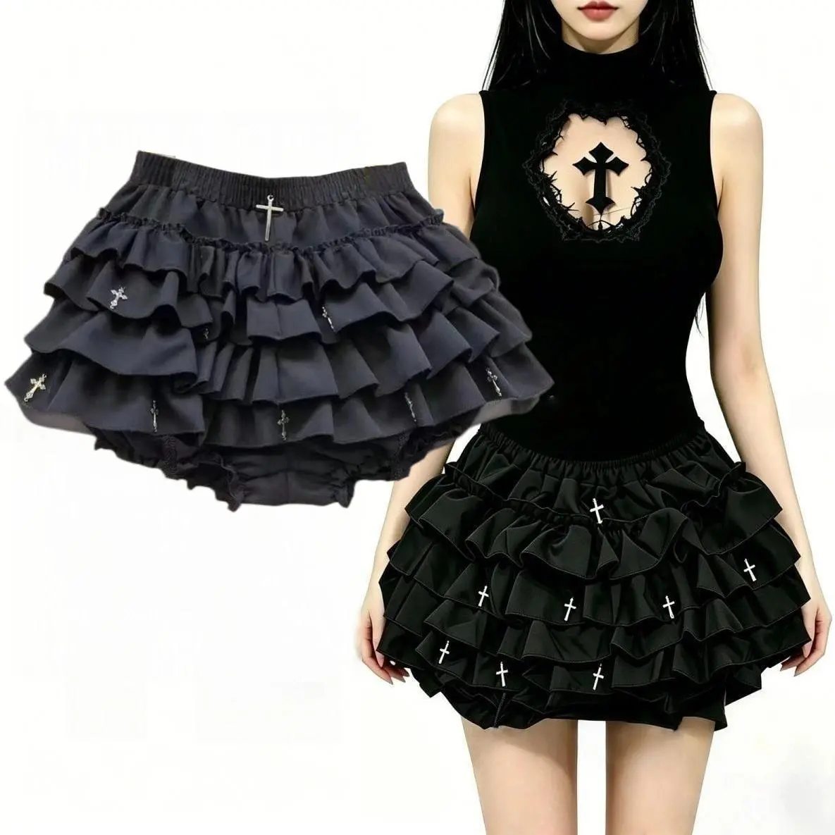 2026 New hot item Women Skirts Tiered Ruffles Mini Skirt Cross Charms Built-in Shorts Kawaii Japanese Skort Gothic Punk Y2K Girl Harajuku 90s Sexy