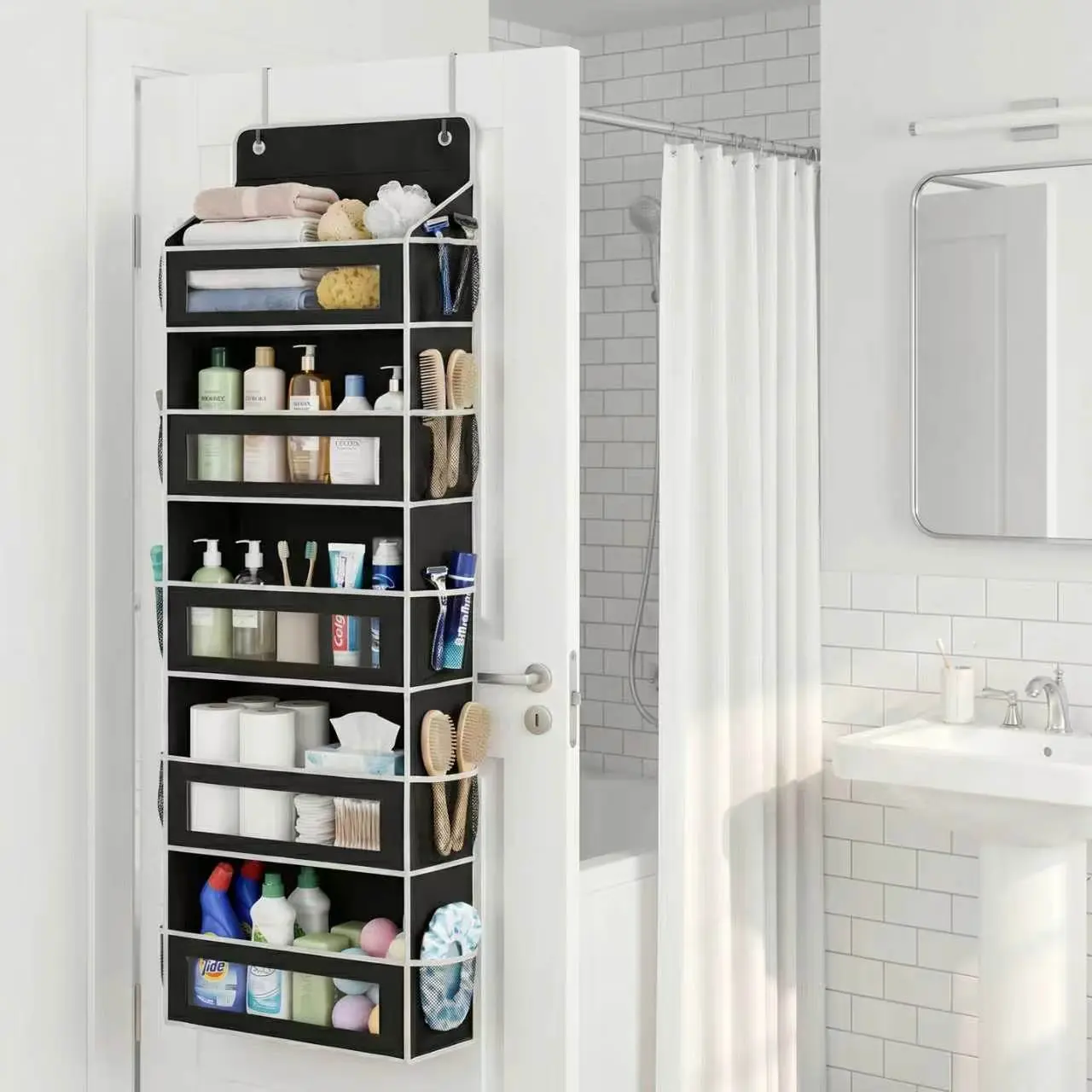 Over Door 5-Tier Closet Organizer Rack - Heavy-Duty Oxford Fabric Hanging Storage Shelves, 10 Side Mesh Pockets, No-Drill Strong Metal Hooks, Functional Large Size - For Bathroom, Bedroom