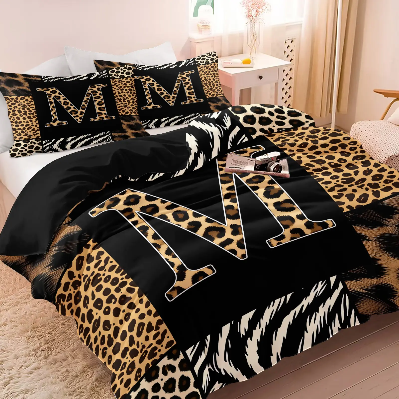 Leopard Zebra Print Letter M Decorative Duvet Cover Set (1 Duvet Cover + 1-2 Pillowcases), Soft Skin Friendly Breathable All Season Bed Linen, Animal Patchwork Letter M HD Vivid Printed Bedding Set, Edgy Modern Bedroom & Dorm Home Decor, Soft Bedding Sets