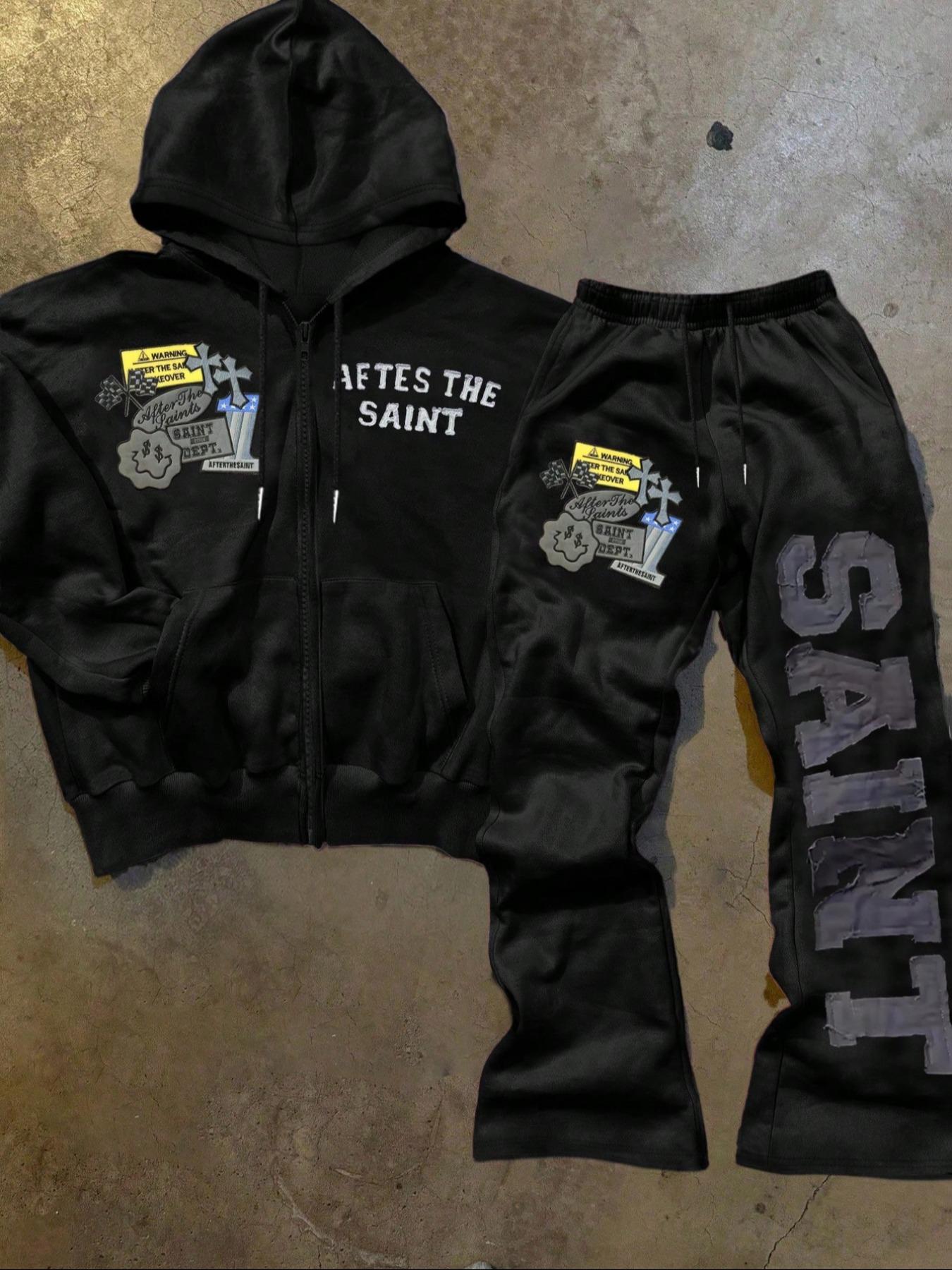 After the Saint Goth Graphic Tracksuit, with Avant-Garde Patches and Bold Text, Street Style for Fashion Enthusiasts