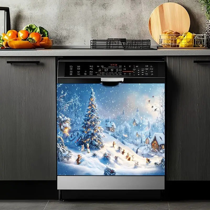 2D Flat 2Pcs Dishwasher Magnet Cover Christmas Winter Wonderland Scene Decorated Tree Snow Village Design Holiday Kitchen Decor Removable Waterproof Decorative Refrigerator Sticker for Home Appliance Decoration Festive Magnetic Panel Front