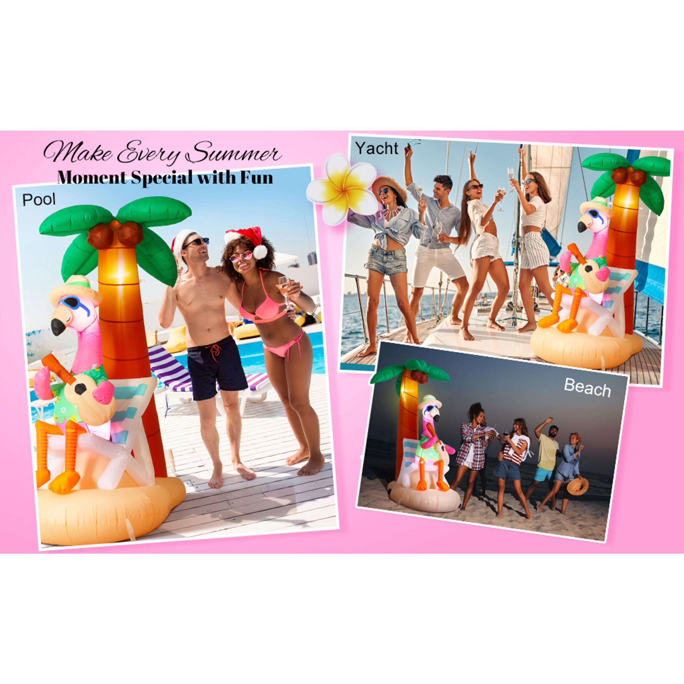 6 ft Inflatable Flamingo with Coconut Tree, Bright LED Lights, Built-in Blower & Plugs - Easy Installation Aloha Luau Decor for Outdoor Home Garden Pool Beach Party (Pet-Friendly Outdoor Celebration Accessory), Hawaiian, Colleagues, Family, Beach Chair