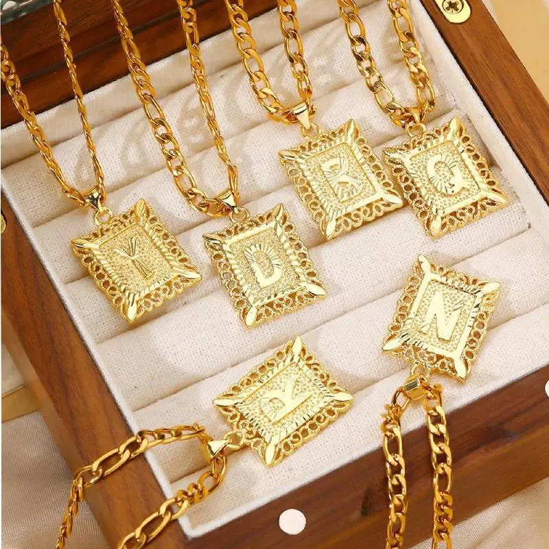 14K Gold Plated Personalized Initial Pendant Necklace for Men Women, Chic Square Capital Monogram Pendant Trendy Figaro Chain Couple Necklace Daily Vacations, Party Wear, Jewelry, Holiday Gift