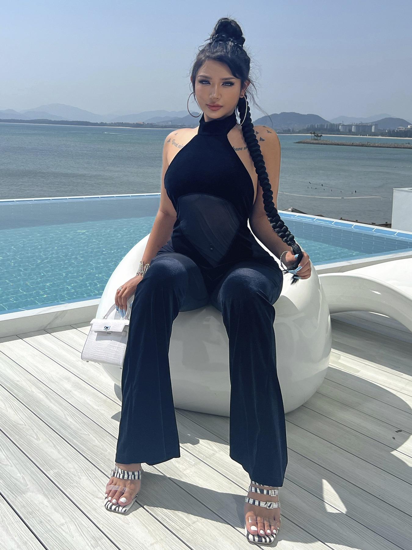 Women's Sheer Tulle Flare-Leg Sleeveless Halter-Neck Jumpsuit, Solid Drop-Waist Slim-Fit Jumpsuit for Summer, Party and Club
