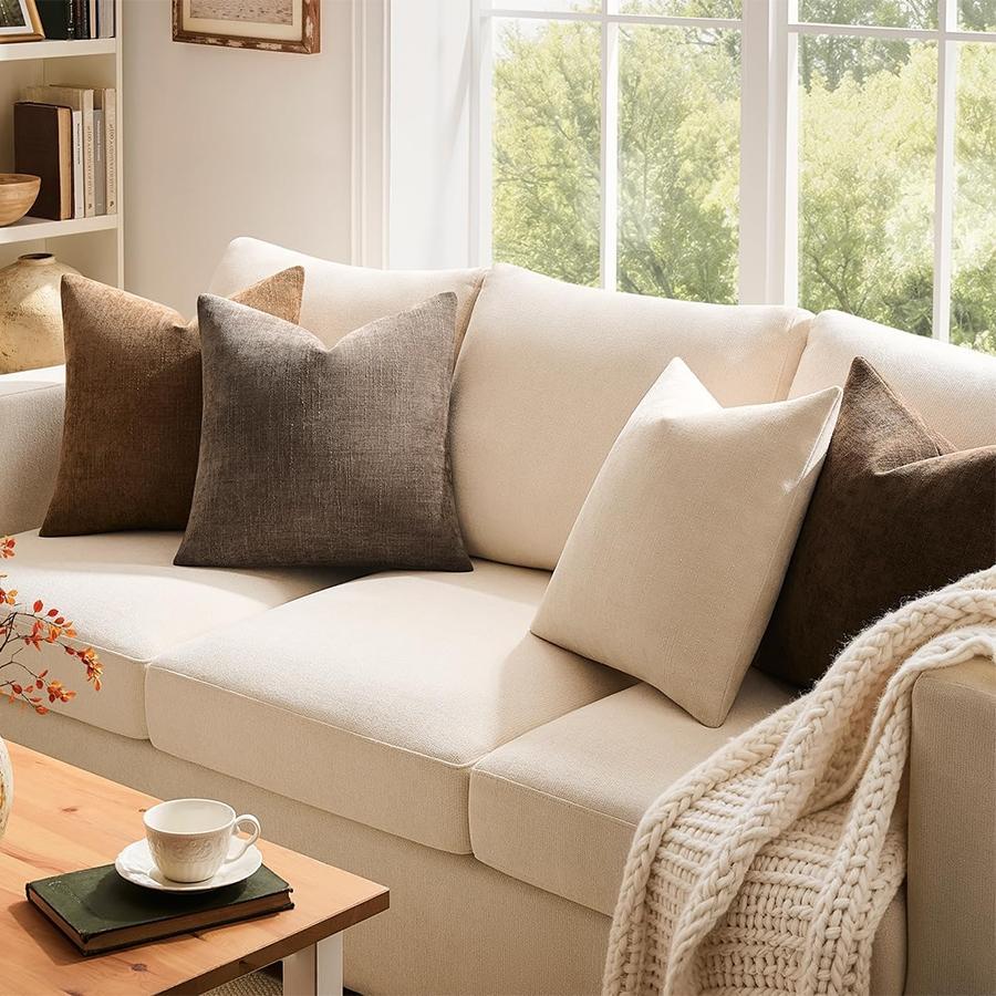 4Pcs Throw Pillow Covers 18x18 Inch / 20x20 Inch Chenille Textured Neutral Brown Soft Pillow Covers Solid Decorative Farmhouse Cushion Covers Home Boho Western Decor for Couch Sofa Bed Living Room Bedroom Decor