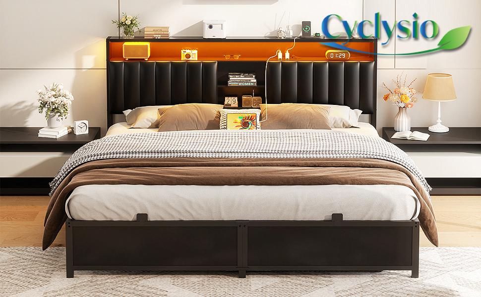 Cyclysio King/Queen/Full Size Bed Frame with Charging Station & Led Lights, Sturdy Metal Platform Bed with Leather Upholstered Headboard and Storage Cyclysio King/Queen/Full Size Bed Frame with Charging Station & Led Lights, Sturdy Metal Platform Bed with Leather Upholstered Headboard and Storage